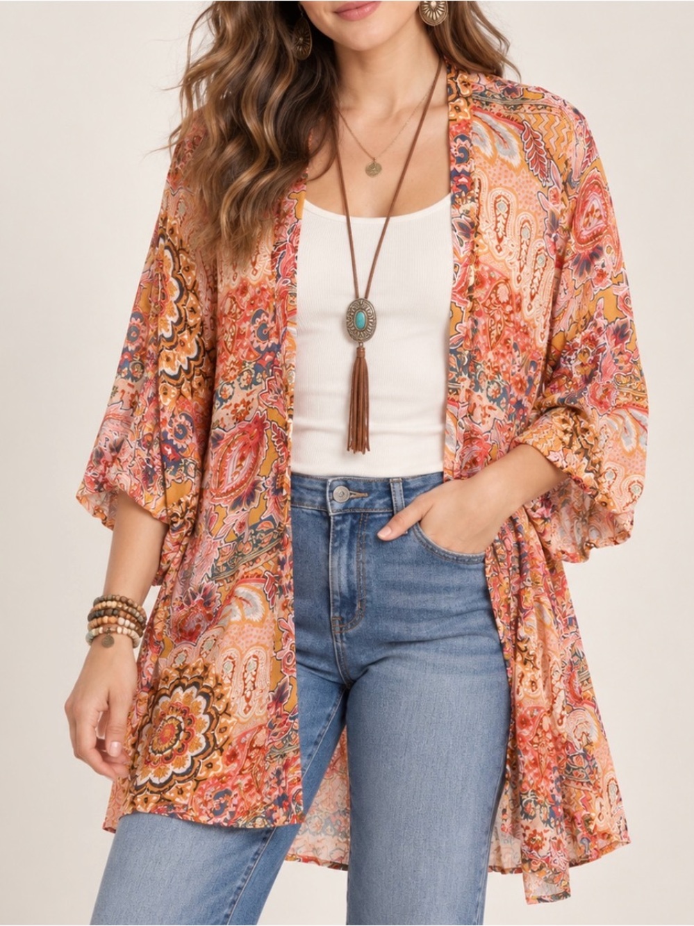 Knox Rose Boho Paisley Open Front Kimono Cardigan XL/XXL